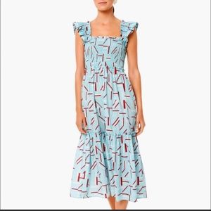 Tuckernuck Women's Rory Flutter Sleeve Dress Smocked Bodice Midi Length Blue XS